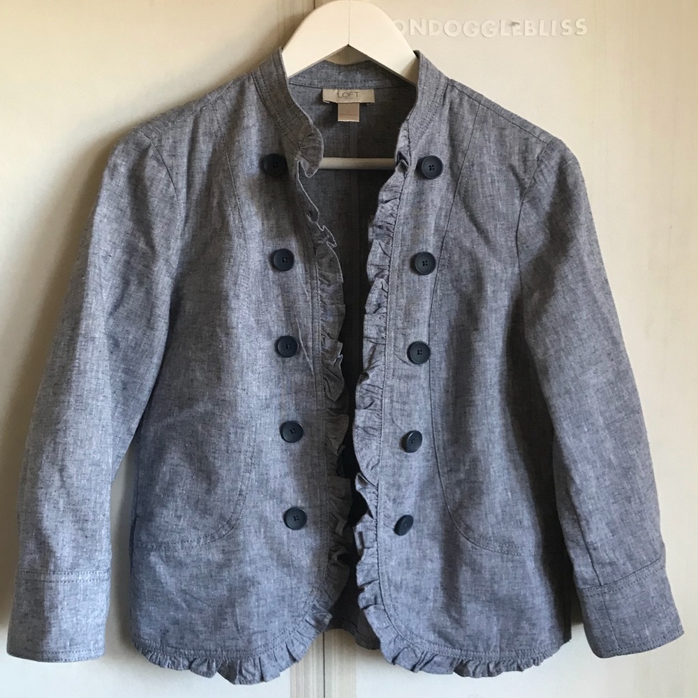 LOFT Light Blue Linen Cotton Ruffle Trim Blazer - Picture 1 of 8